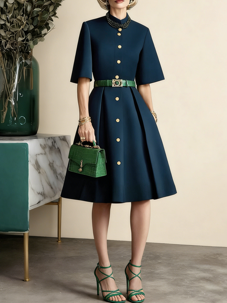 

Elegant Plain Stand Collar Knee Length Dress No Belt, Navyblue, Midi Dresses