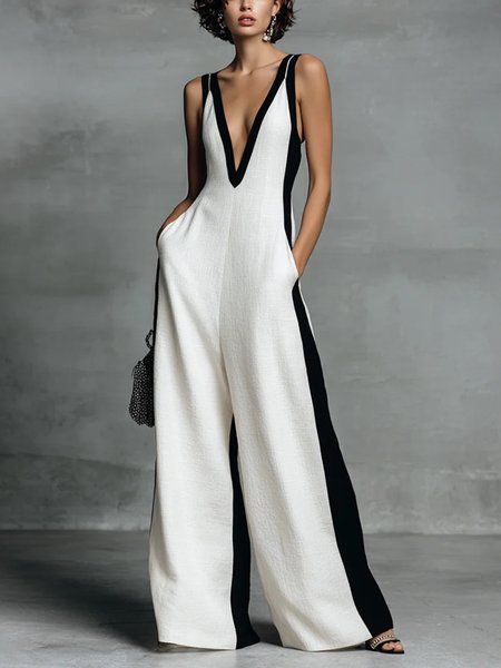 Cotton Casual Split Joint Color Block V Neck Tank Jumpsuit