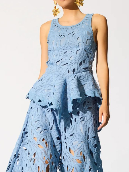 

Lace Elegant Plain Crew Neck Blouse, Blue, Blouses and Shirts