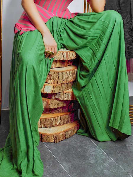 

Urban Plain Pleated Wide Leg Pants, Green, Pants