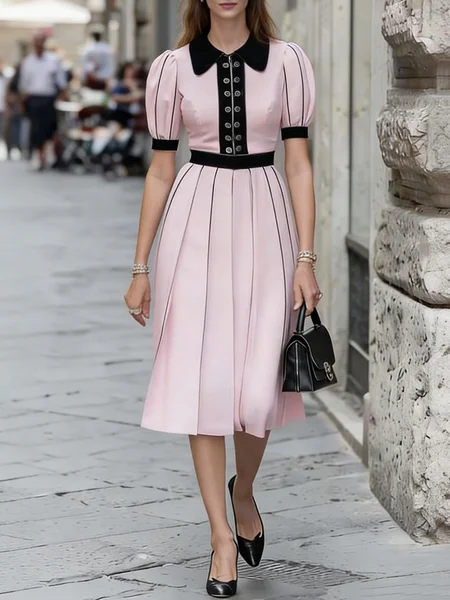 

Elegant Color Block Puff Sleeve Buttoned Midi Dress, Pink, Midi Dresses