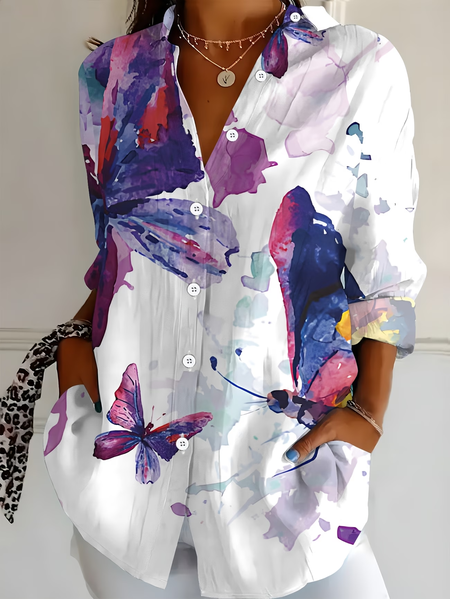 Shirt Collar Regular Sleeve Long Sleeve Butterfly Buckle Regular Loose Button Up Shirt Shirt For Women