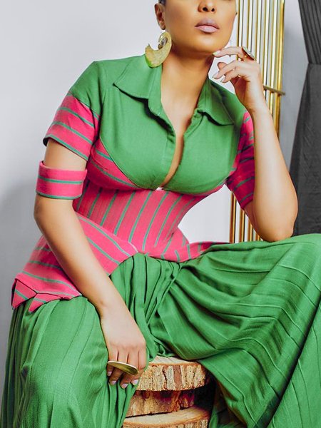 

Urban Striped Irregular Craftsmanship Shawl Collar Shirt, Green, Blouses and Shirts