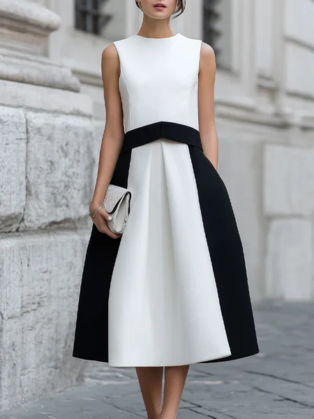 

Urban Color Block Crew Neck Sleeveless Midi Dress, Black-white, Midi Dresses