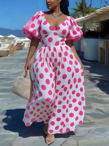 

Vacation Polka Dots Puff Sleeve Printing V Neck Maxi Dress, As picture, Maxi Dresses