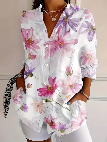 

Women Floral Shirt Collar Long Sleeve Shirt Buckle Regular Sleeve Casual Daily Spring/Fall Top, White, Shirts