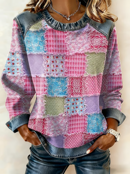 

Women Abstract Crew Neck Printing Vintage Spring/Fall Long Sleeve Sweatshirt, Pink, Sweatshirts & Hoodies