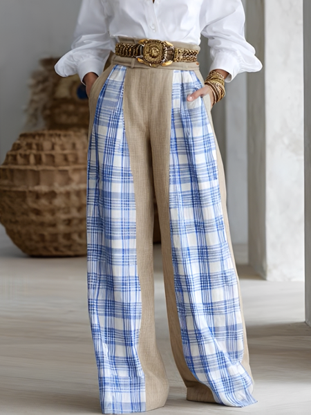 

Casual Plaid Straight Pants No Belt, As picture, Pants