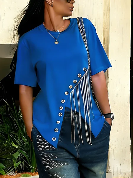 

Cotton Casual Plain Eyelet Crew Neck T-shirt, Blue, Tees