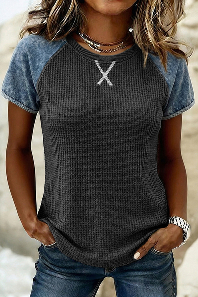 

Casual Color Block Crew Neck Short Sleeve T-shirt, Black, T-shirts