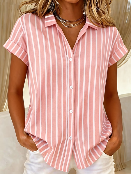 

Shirt Collar Short Sleeve Striped Printing Regular Micro-Elasticity Loose Button Up Shirt Shirt For Women, Pink, Shirts