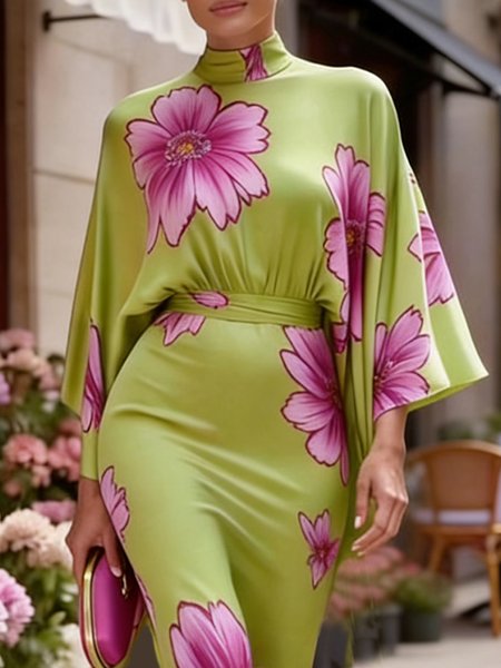 

Vacation Floral Printing Stand Collar Blouse, Green, Blouses and Shirts