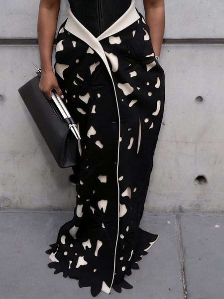 

Elegant Color Block Maxi Skirt, Black, Skirts