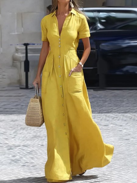 Urban Plain  Buttoned Shirt Collar Maxi Dress