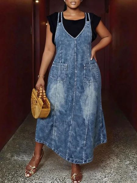 

Casual Plain Distressing V Neck Denim Midi Dress, Blue, Midi Dresses