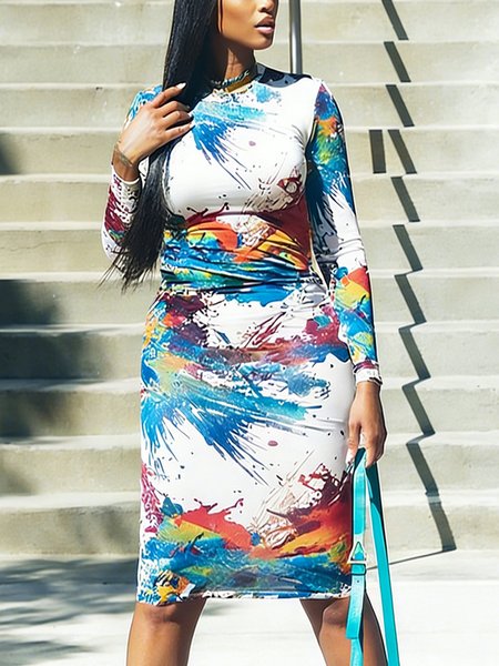 

Casual Random Print Printing Crew Neck Knee Length Dress, Blue-white, Mini Dresses