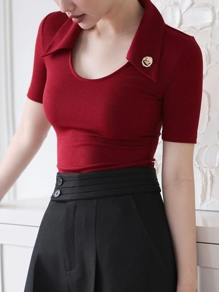 

Cotton Urban Plain Buttoned Shawl Collar T-shirt, Wine red, Tees