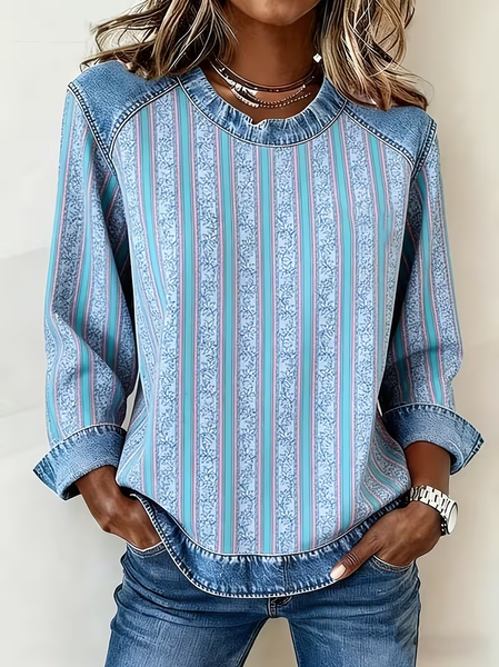 

Women Abstract Crew Neck Printing Vintage Spring/Fall Long Sleeve Sweatshirt, Blue, Sweatshirts & Hoodies