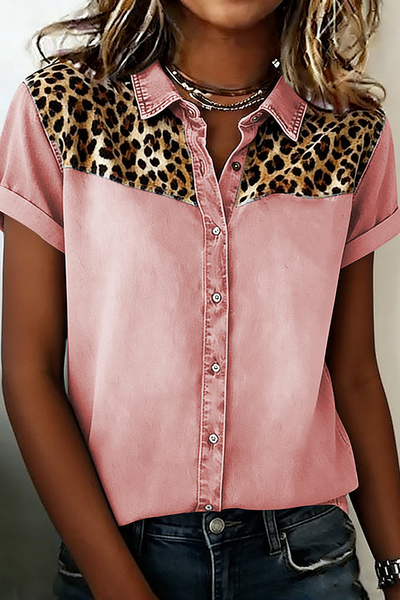 

Shawl Collar Short Sleeve Color Block Regular Loose Shirt For Women, Pink, Shirts