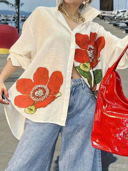 

Shawl Collar Long Sleeve Floral Regular Loose Shirt For Women, Apricot, Shirts