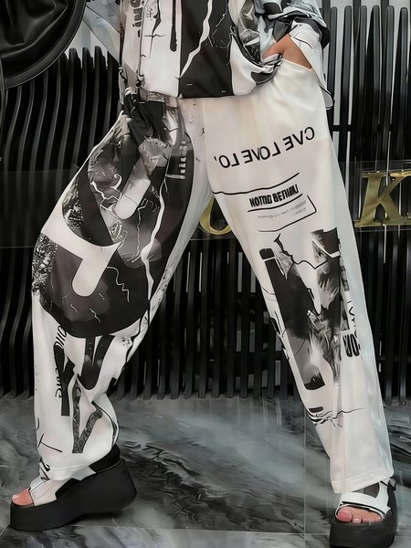 

Casual Letter Pattern Printing Straight Pants, As picture, Pants