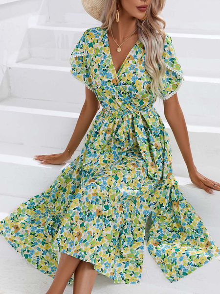 

Women Floral Summer Dress V Neck Short Sleeve Fit & Flare Dress A-Line Dress, Green, Dresses