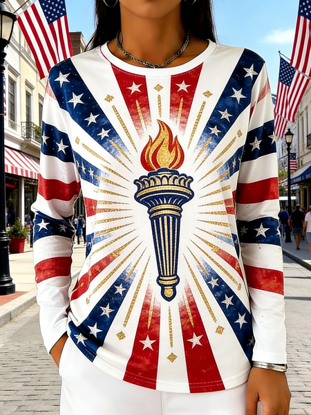 

Casual America Flag Crew Neck Long Sleeve T-shirt, Color1, T-shirts