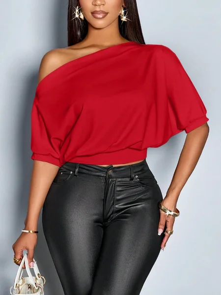 Casual Plain One Shoulder Sleeve T-shirt
