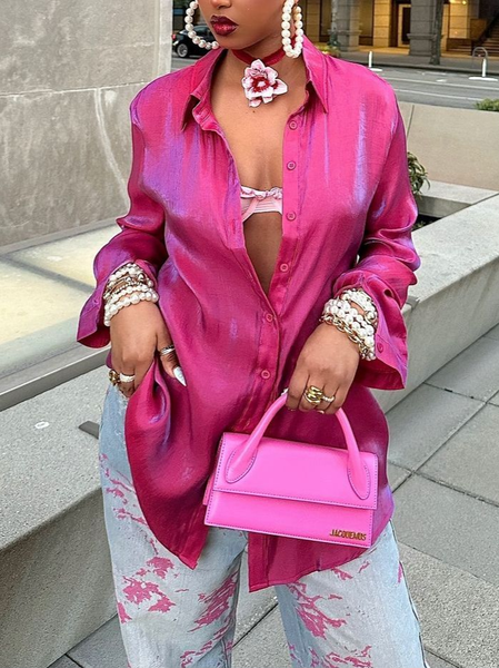 

Satin Urban Plain Shirt Collar Shirt, Pink, Blouses and Shirts