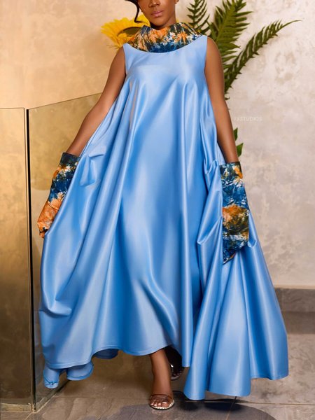 Elegant Plain Stand Collar Maxi Dress