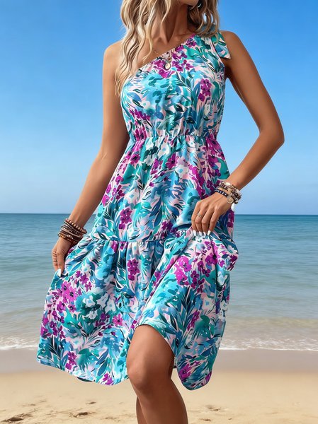 

Women Floral Summer Dress One Shoulder Sleeveless Fit & Flare Dress A-Line Dress, Blue, Dresses