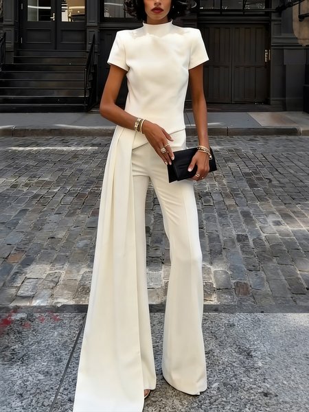 

Urban Plain Irregular Craftsmanship Stand Collar Blouse, White, Blouses and Shirts