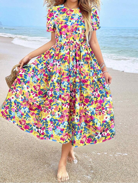 

Women Floral Summer Dress Crew Neck Short Sleeve Fit & Flare Dress A-Line Dress, Yellow, Dresses
