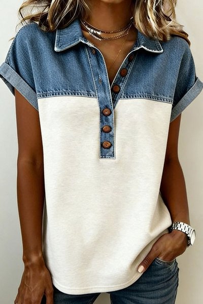 

Shawl Collar Short Sleeve Color Block Regular Loose Shirt For Women, As picture, T-shirts