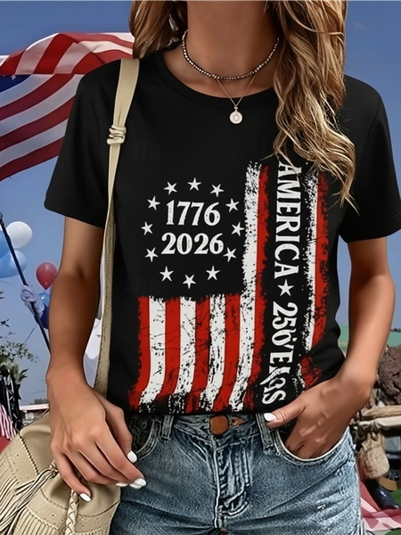 

Casual America Flag Crew Neck Long Sleeve T-shirt, Black, T-shirts