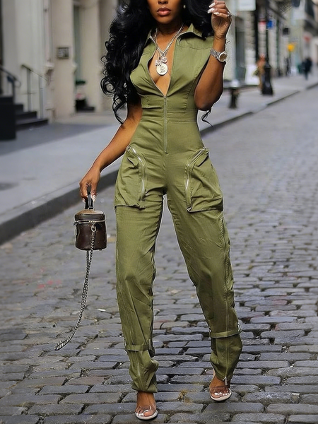 

Casual Zipper Plain Shawl Collar Tank Jumpsuit, Green, Jumpsuits