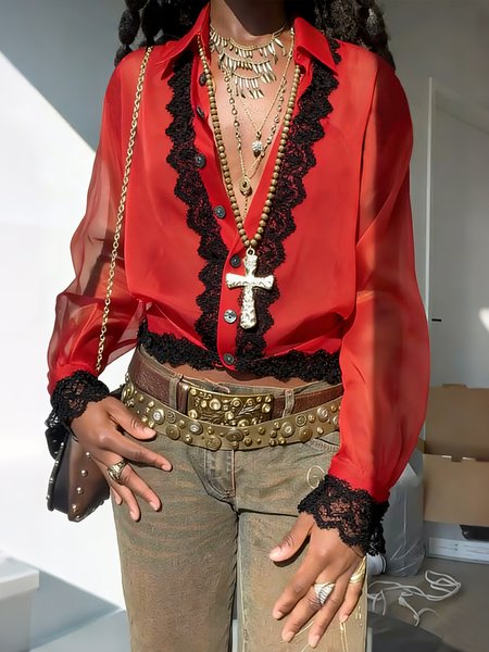 

Elegant Color Block Lace Shirt Collar Shirt, Red, Blouses and Shirts