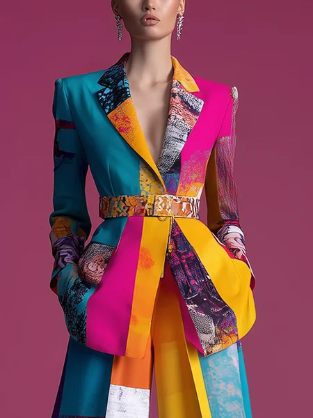 

Elegant Printing Random Print Lapel Collar Blazer With Belt, As picture, Blazers