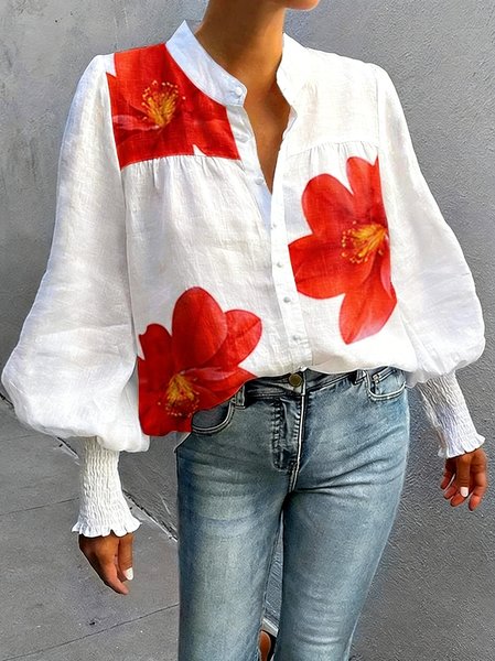 Stand Collar Long Sleeve Floral Regular Loose Shirt For Women