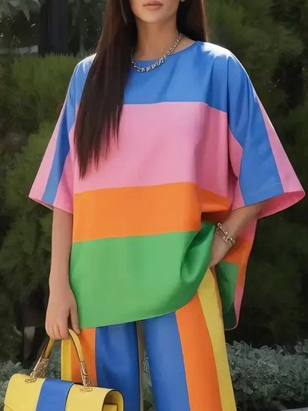 

Casual Striped Printing Crew Neck T-shirt, Multicolor, Tees