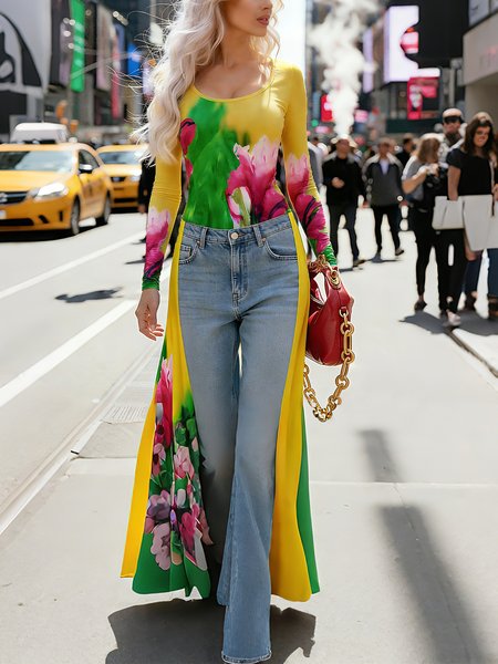 

Elegant Floral Printing Crew Neck T-shirt, As picture, Tees