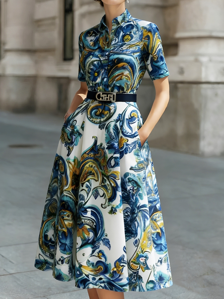 

Urban 3D Printing Shirt Collar Midi Dress No Belt, As picture, Midi Dresses