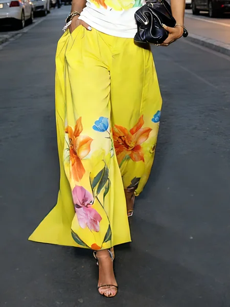

Casual Floral Printing Wide Leg Pants, Yellow, Pants