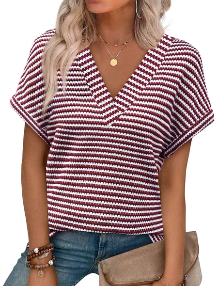 

Casual Striped V Neck Short Sleeve T-shirt, Wine red, T-shirts