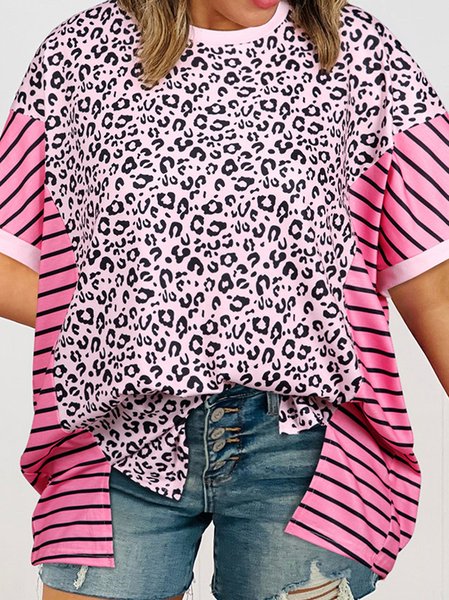 

Casual Striped Crew Neck Short Sleeve T-shirt, Pink, T-shirts