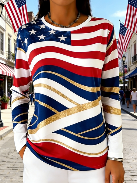 

Casual America Flag Crew Neck Long Sleeve T-shirt, Color2, T-shirts