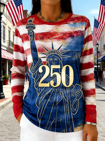 

Casual America Flag Crew Neck Long Sleeve T-shirt, Color2, T-shirts