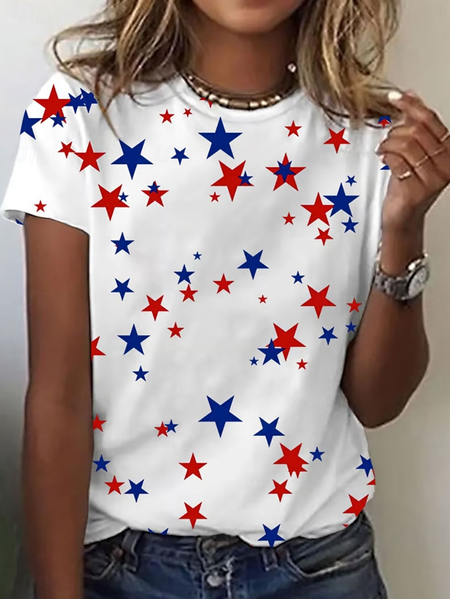 

Casual Star Crew Neck Short Sleeve T-shirt, White, T-shirts