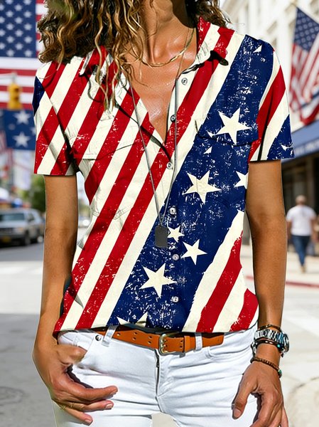 

Shawl Collar Short Sleeve Star Regular Loose Shirt For Women, As picture, Shirts