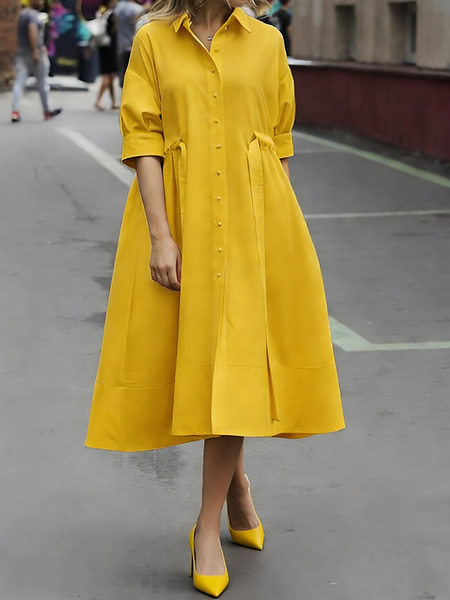 

Urban Plain Shirt Collar Midi Dress, Yellow, Midi Dresses